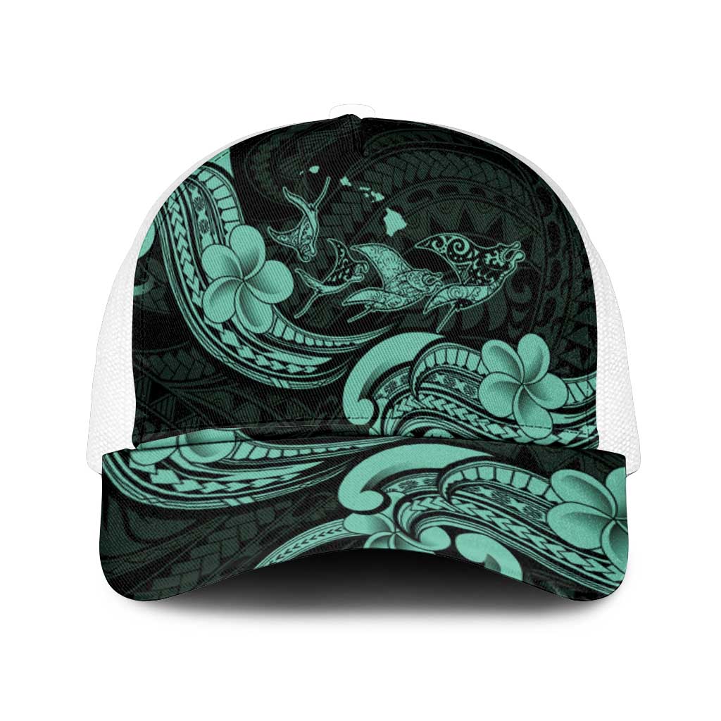 Hawaiian Manta Rays Mesh Trucker Cap Tribal Hibiscus Polynesian Tattoos Turquoise Color - Polynesian Pride