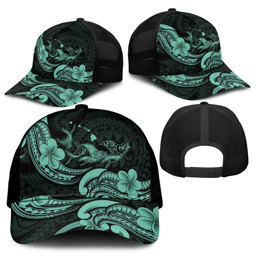 Hawaiian Manta Rays Mesh Trucker Cap Tribal Hibiscus Polynesian Tattoos Turquoise Color - Polynesian Pride