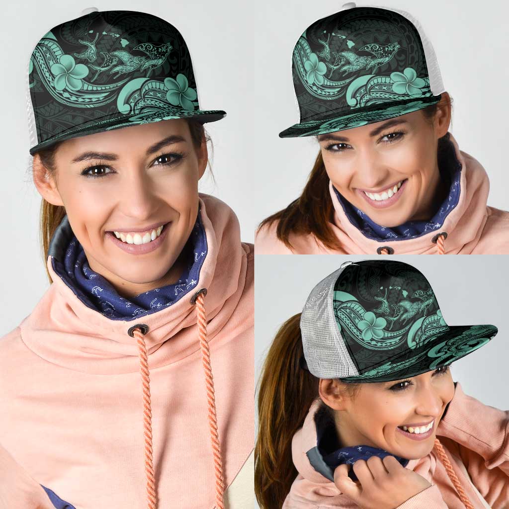 Hawaiian Manta Rays Mesh Trucker Cap Tribal Hibiscus Polynesian Tattoos Turquoise Color - Polynesian Pride