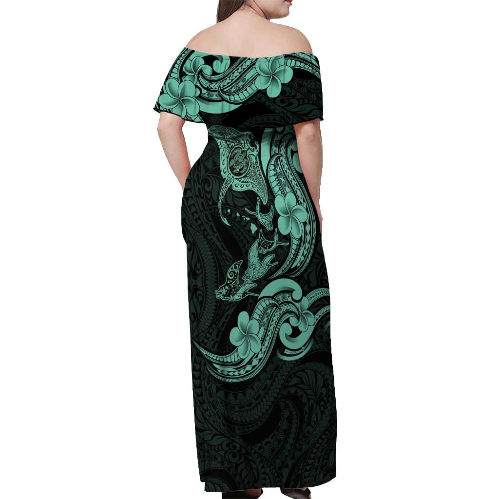Hawaiian Manta Rays Off Shoulder Maxi Dress Tribal Hibiscus Polynesian Tattoos Turquoise Color - Polynesian Pride