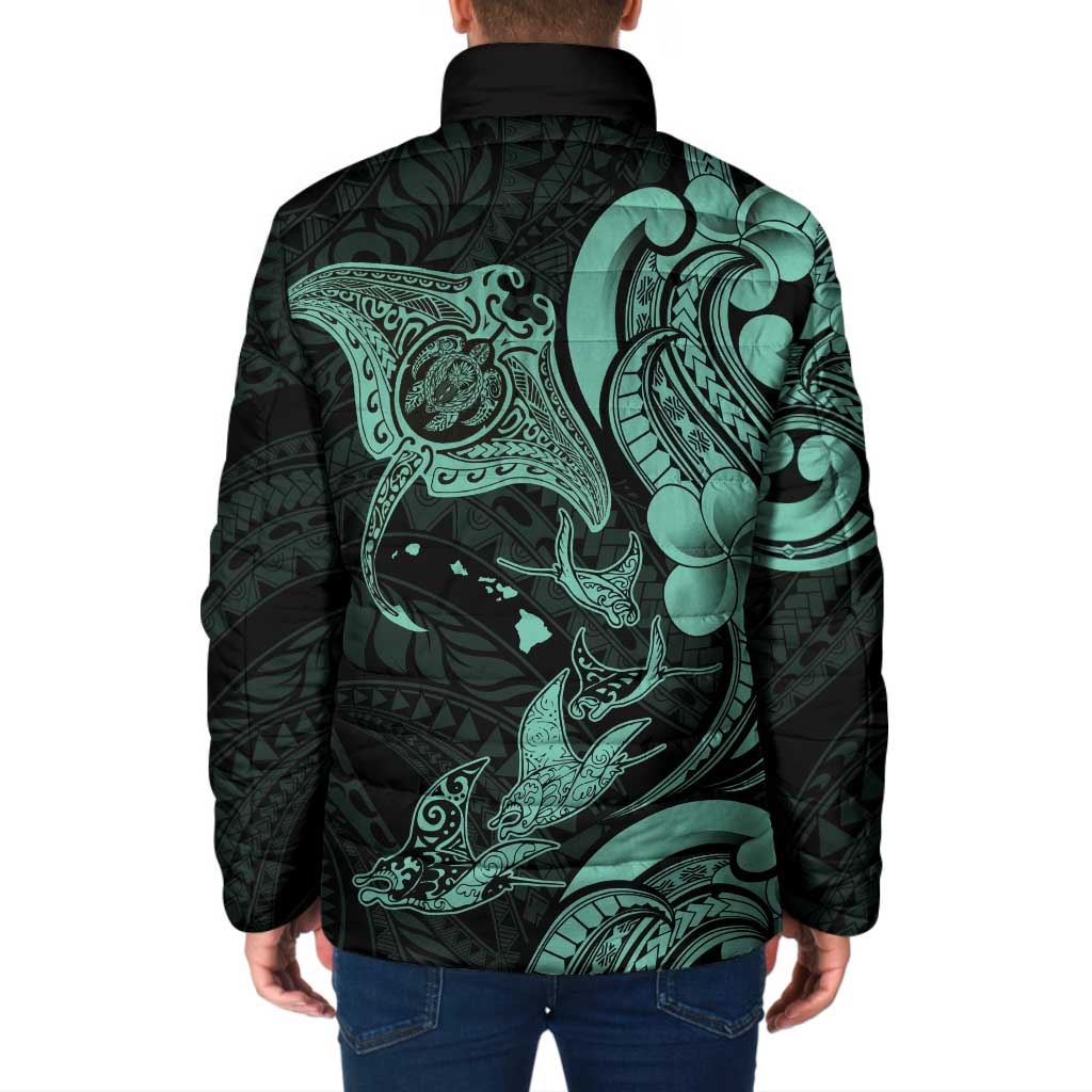 Hawaiian Manta Rays Padded Jacket Tribal Hibiscus Polynesian Tattoos Turquoise Color - Polynesian Pride
