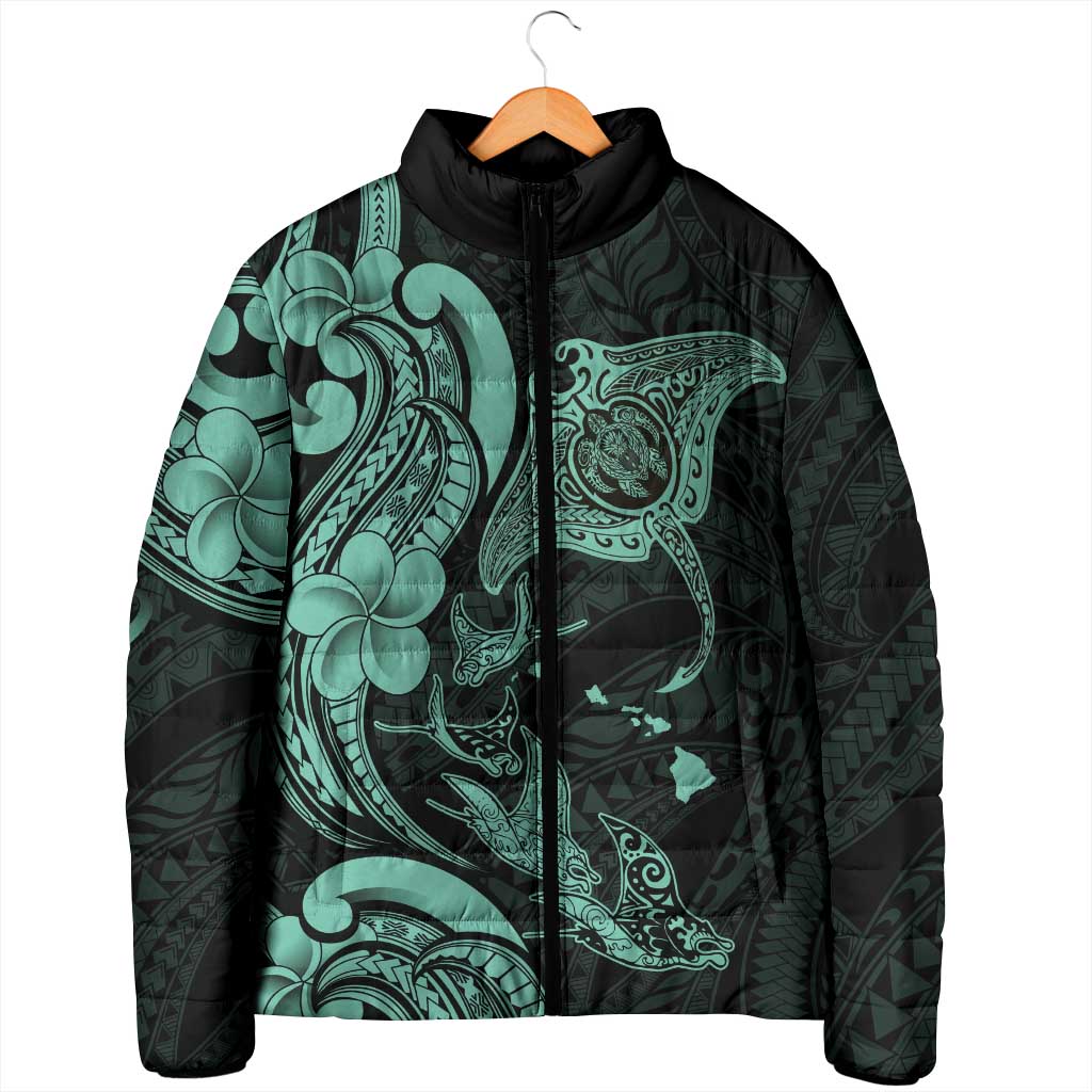 Hawaiian Manta Rays Padded Jacket Tribal Hibiscus Polynesian Tattoos Turquoise Color - Polynesian Pride