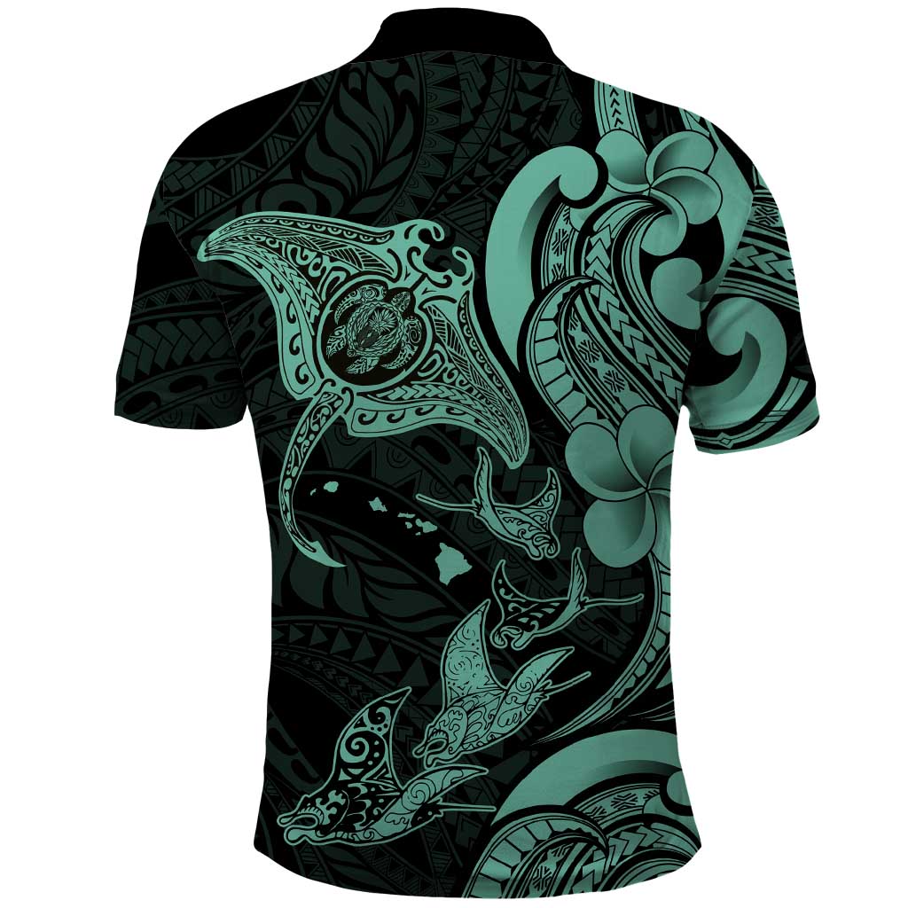 Hawaiian Manta Rays Polo Shirt Tribal Hibiscus Polynesian Tattoos Turquoise Color - Polynesian Pride