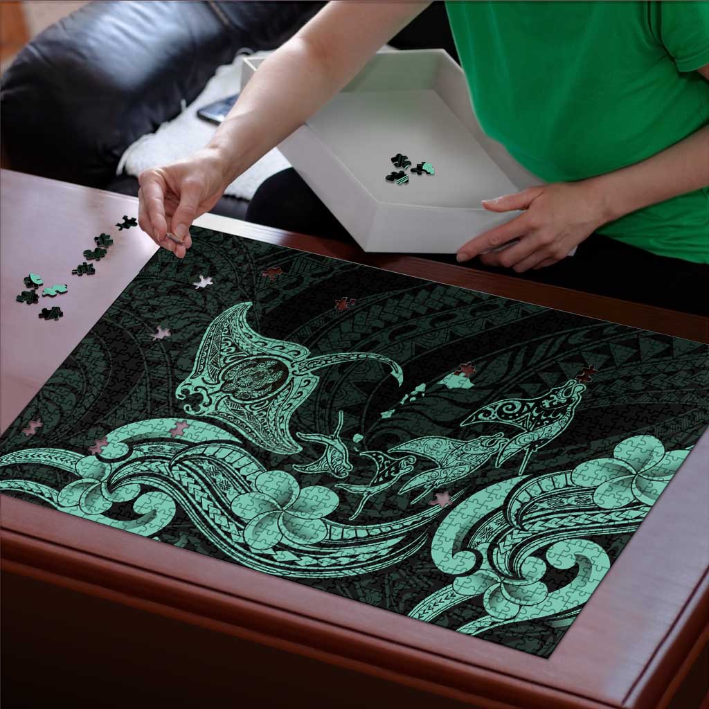 Hawaiian Manta Rays Puzzle Tribal Hibiscus Polynesian Tattoos Turquoise Color - Polynesian Pride