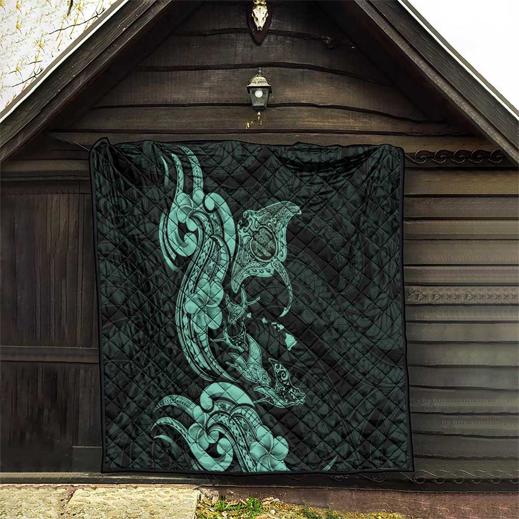 Hawaiian Manta Rays Quilt Tribal Hibiscus Polynesian Tattoos Turquoise Color - Polynesian Pride