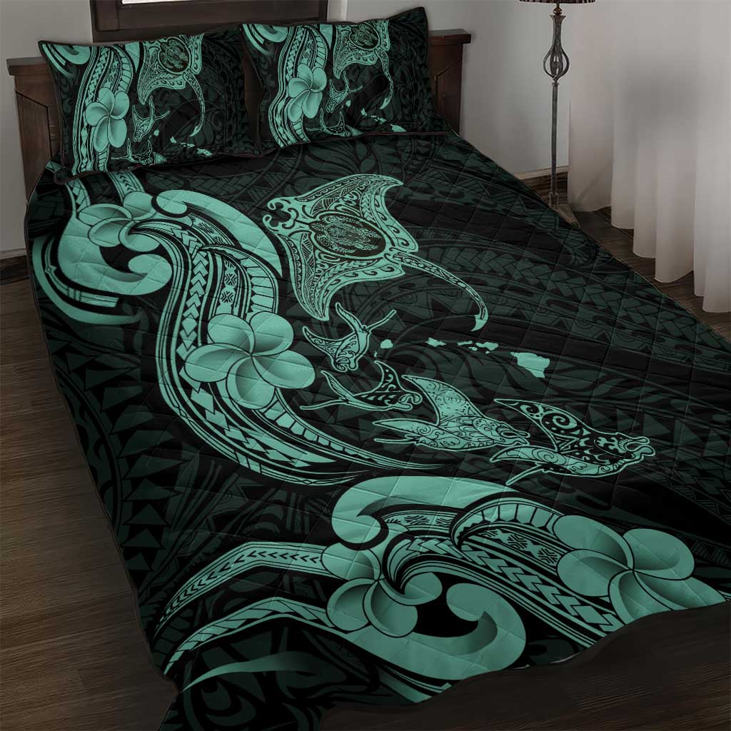 Hawaiian Manta Rays Quilt Bed Set Tribal Hibiscus Polynesian Tattoos Turquoise Color - Polynesian Pride