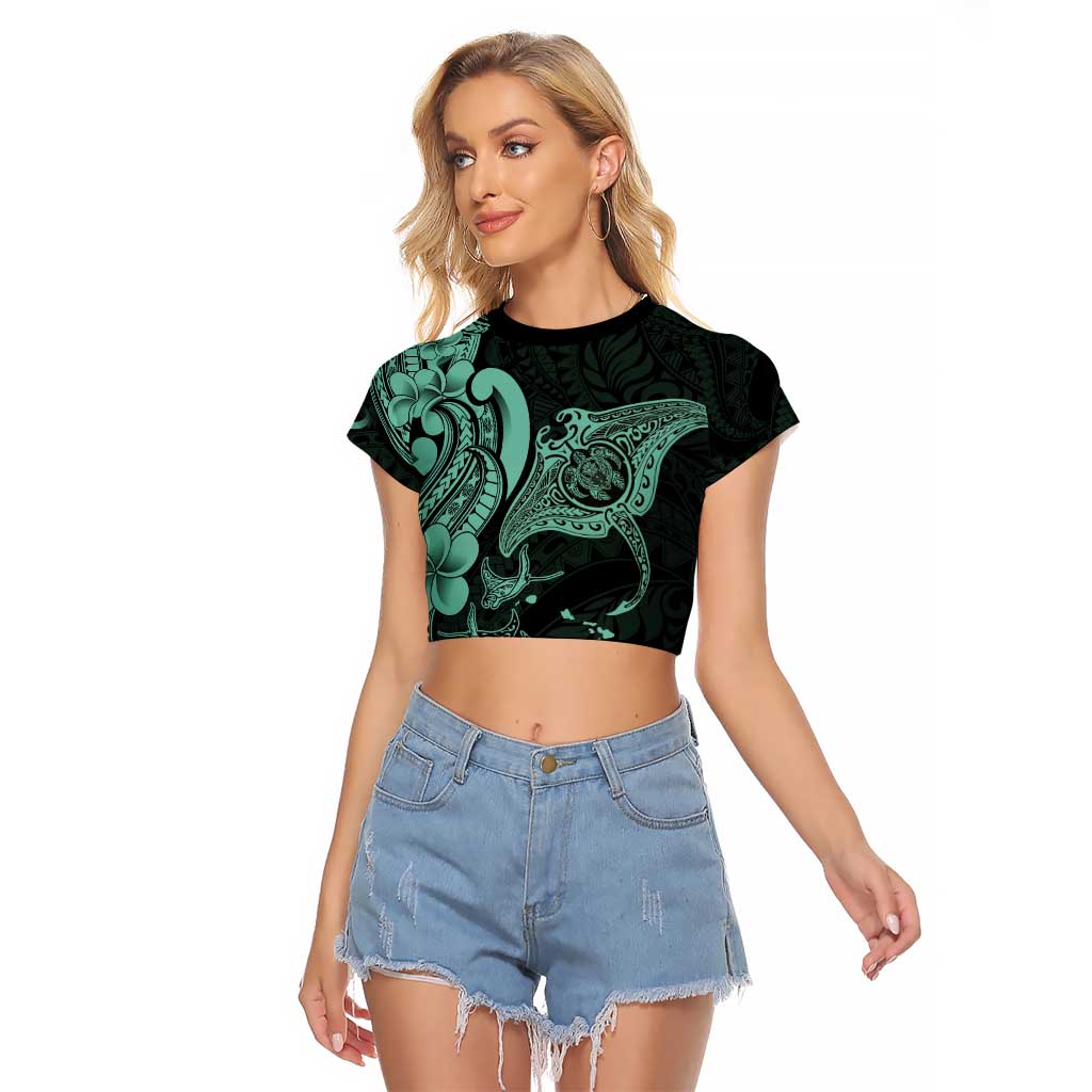 Hawaiian Manta Rays Raglan Cropped T Shirt Tribal Hibiscus Polynesian Tattoos Turquoise Color - Polynesian Pride