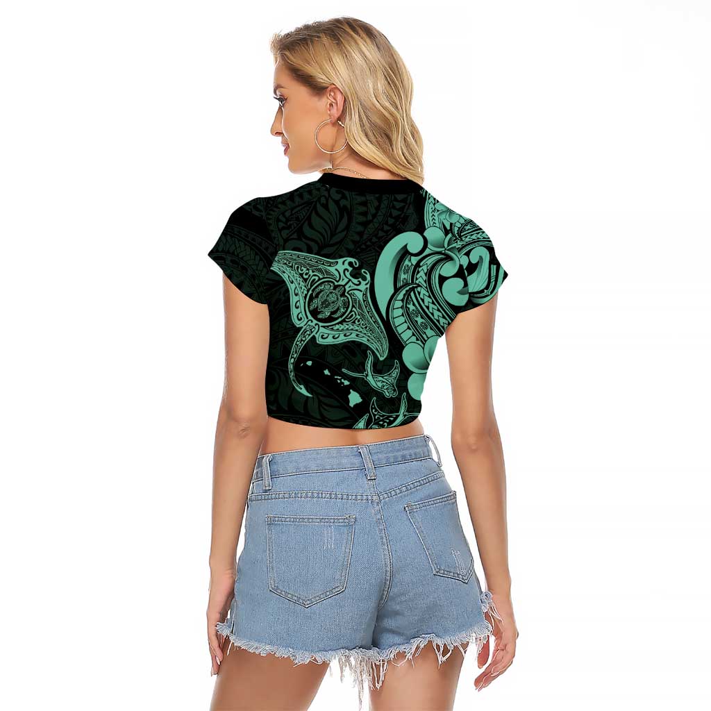 Hawaiian Manta Rays Raglan Cropped T Shirt Tribal Hibiscus Polynesian Tattoos Turquoise Color - Polynesian Pride