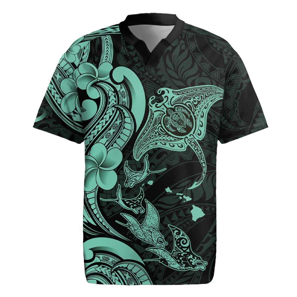 Hawaiian Manta Rays Rugby Jersey Tribal Hibiscus Polynesian Tattoos Turquoise Color - Polynesian Pride