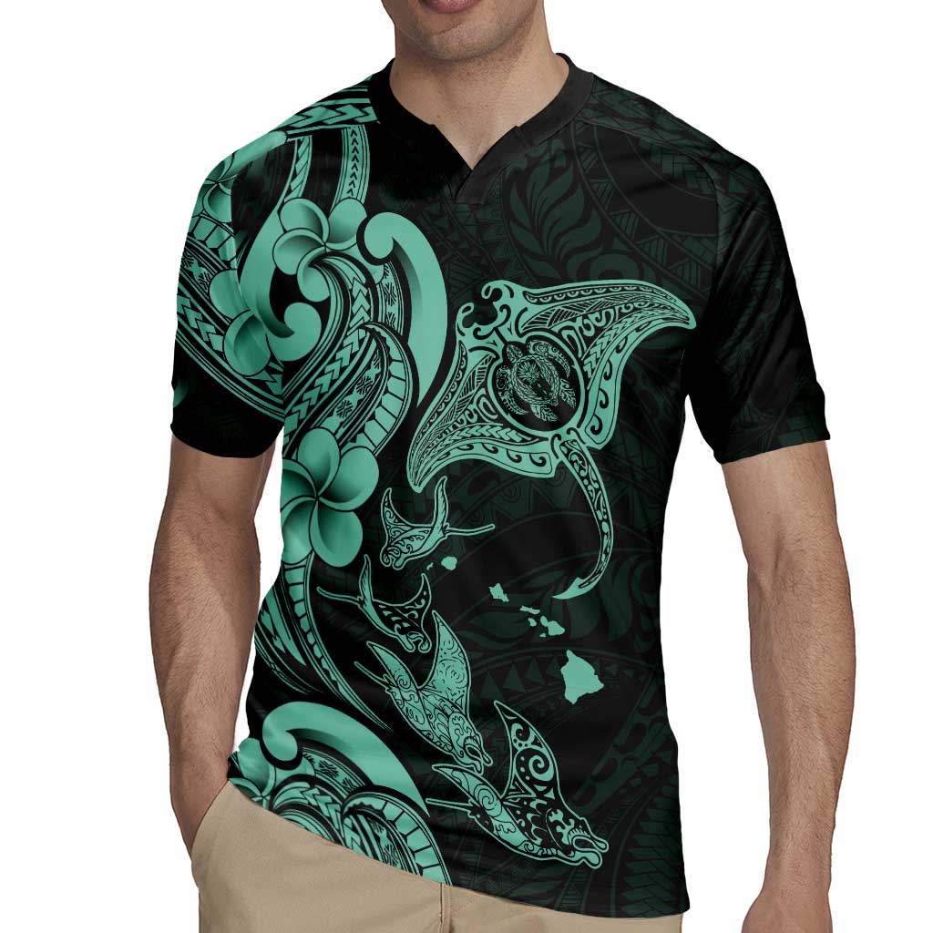 Hawaiian Manta Rays Rugby Jersey Tribal Hibiscus Polynesian Tattoos Turquoise Color - Polynesian Pride