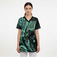 Hawaiian Manta Rays Scrub Top Tribal Hibiscus Polynesian Tattoos Turquoise Color - Polynesian Pride