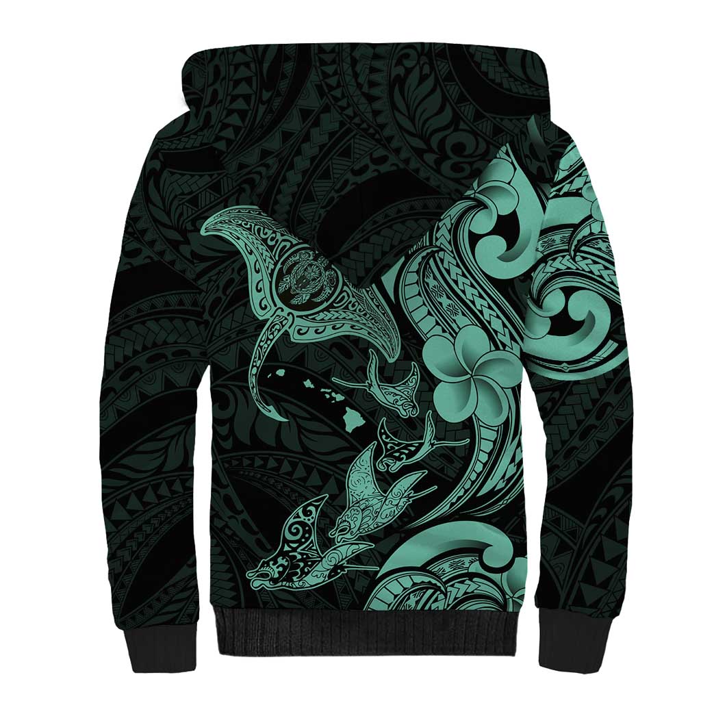 Hawaiian Manta Rays Sherpa Hoodie Tribal Hibiscus Polynesian Tattoos Turquoise Color - Polynesian Pride