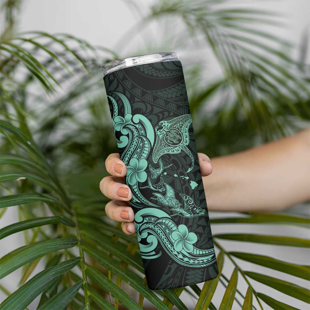 Hawaiian Manta Rays Skinny Tumbler Tribal Hibiscus Polynesian Tattoos Turquoise Color - Polynesian Pride