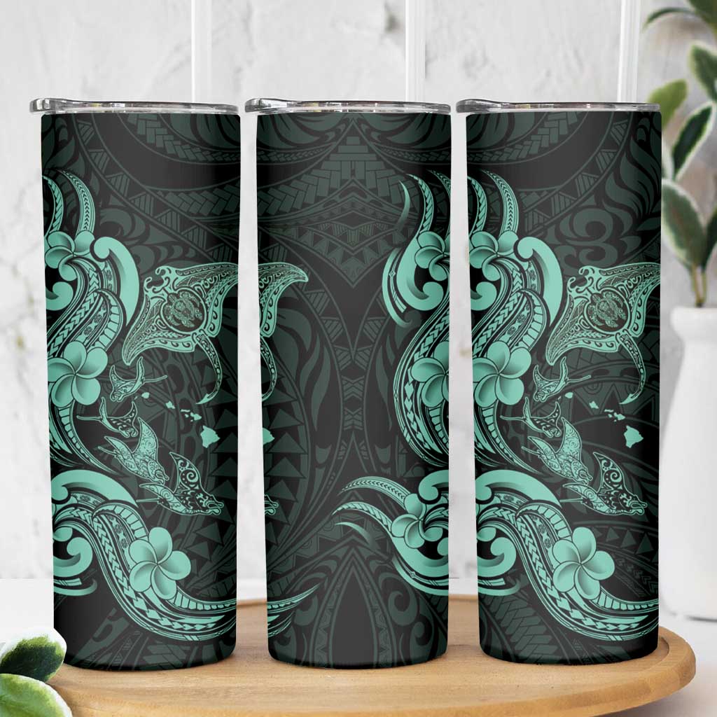 Hawaiian Manta Rays Skinny Tumbler Tribal Hibiscus Polynesian Tattoos Turquoise Color - Polynesian Pride