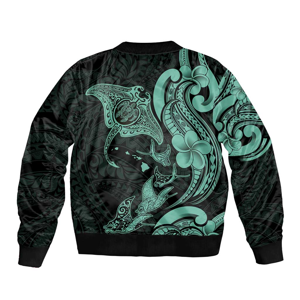 Hawaiian Manta Rays Sleeve Zip Bomber Jacket Tribal Hibiscus Polynesian Tattoos Turquoise Color - Polynesian Pride