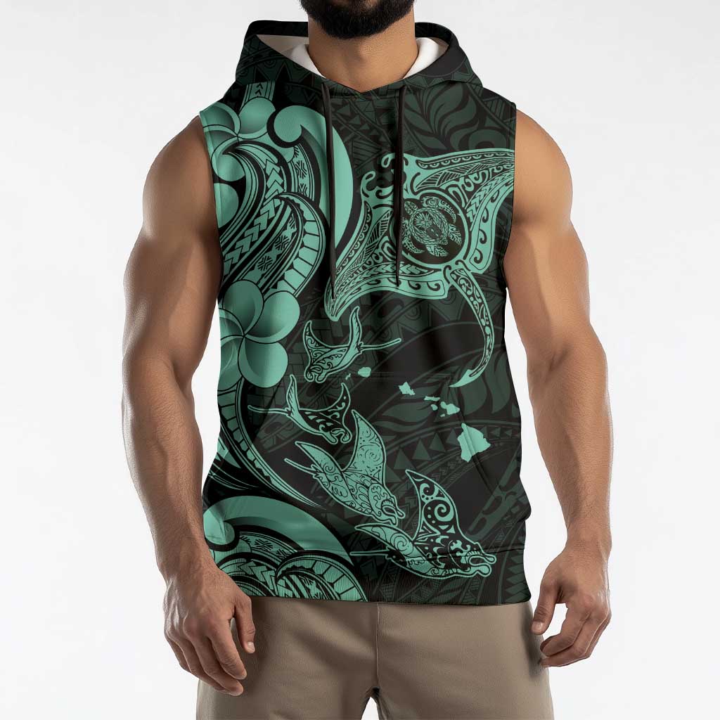 Hawaiian Manta Rays Sleeveless Hoodie Tribal Hibiscus Polynesian Tattoos Turquoise Color - Polynesian Pride
