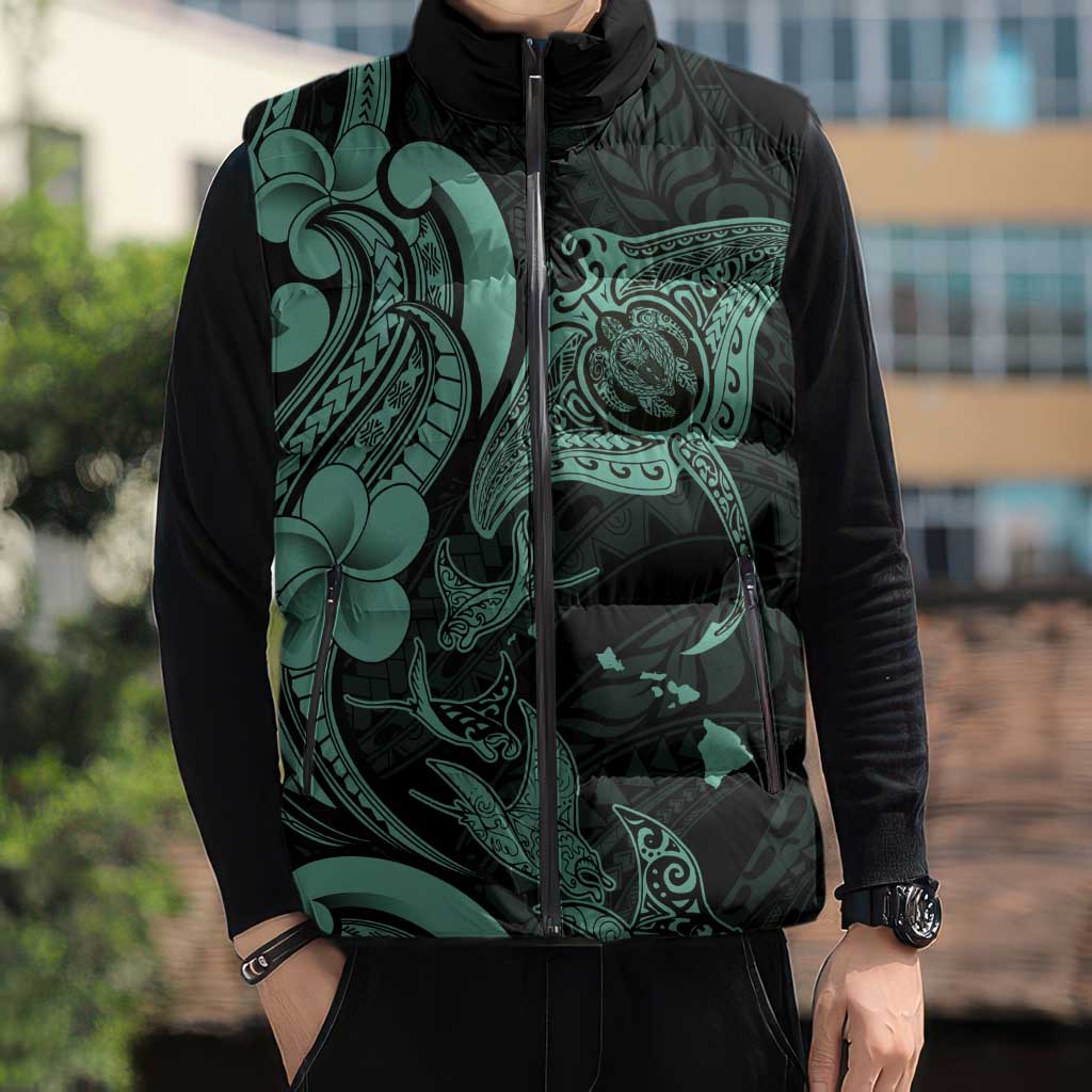 Hawaiian Manta Rays Sleeveless Puffer Jacket Tribal Hibiscus Polynesian Tattoos Turquoise Color - Polynesian Pride