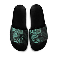 Hawaiian Manta Rays Slide Sandals Tribal Hibiscus Polynesian Tattoos Turquoise Color - Polynesian Pride