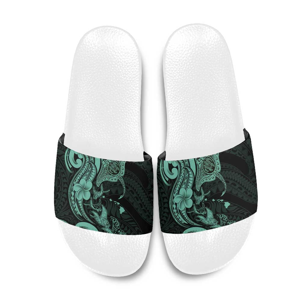 Hawaiian Manta Rays Slide Sandals Tribal Hibiscus Polynesian Tattoos Turquoise Color - Polynesian Pride