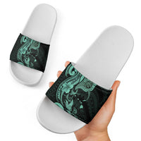 Hawaiian Manta Rays Slide Sandals Tribal Hibiscus Polynesian Tattoos Turquoise Color - Polynesian Pride