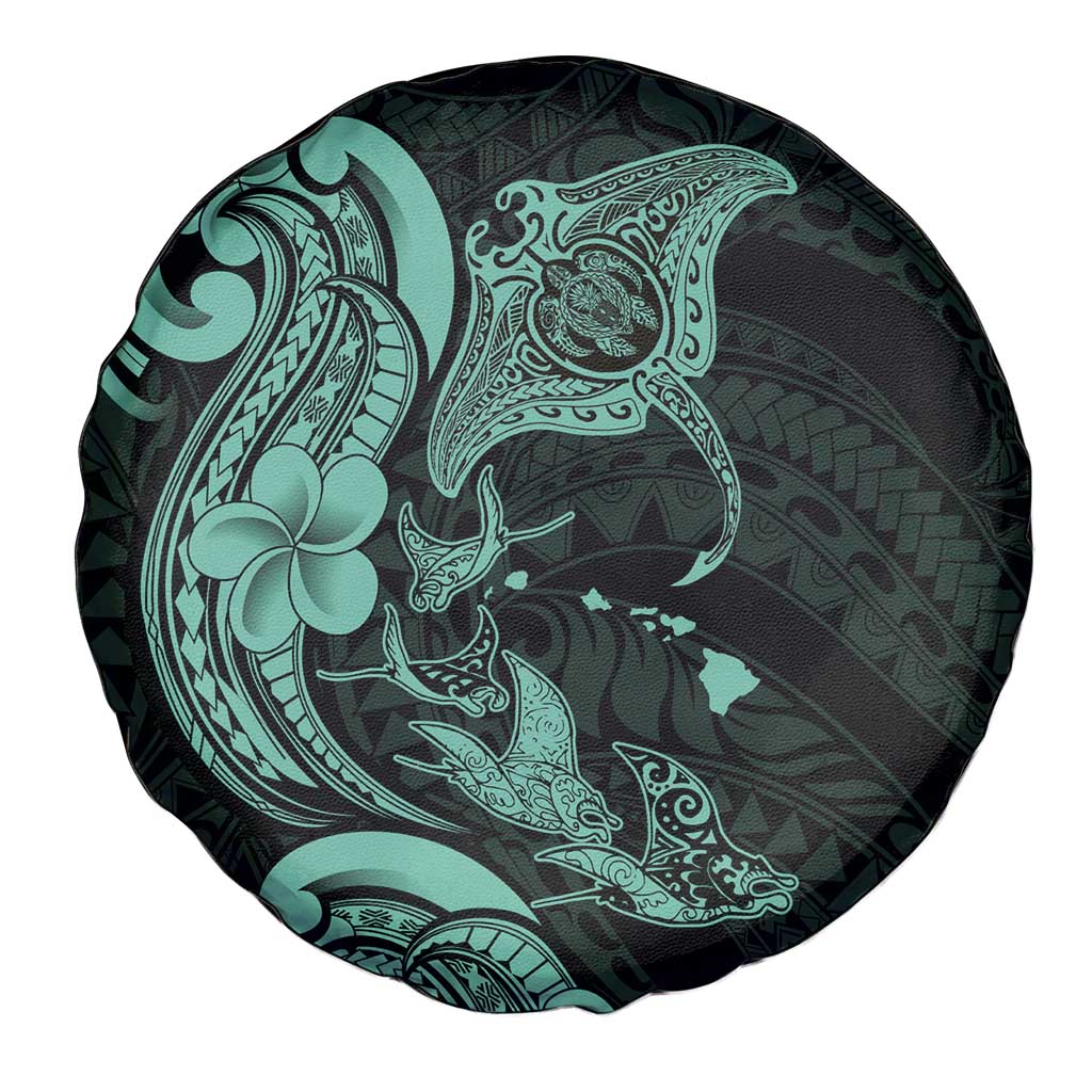 Hawaiian Manta Rays Spare Tire Cover Tribal Hibiscus Polynesian Tattoos Turquoise Color - Polynesian Pride