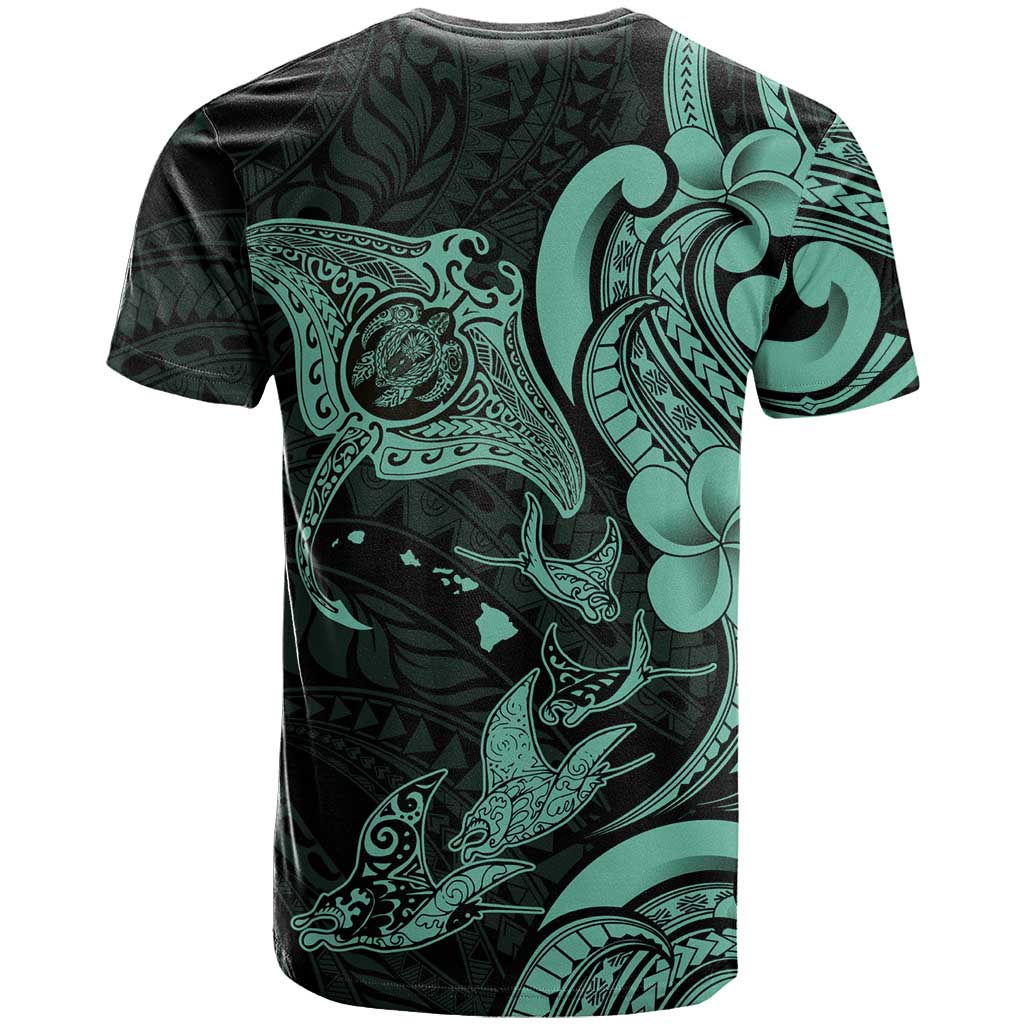 Hawaiian Manta Rays T Shirt Tribal Hibiscus Polynesian Tattoos Turquoise Color - Polynesian Pride