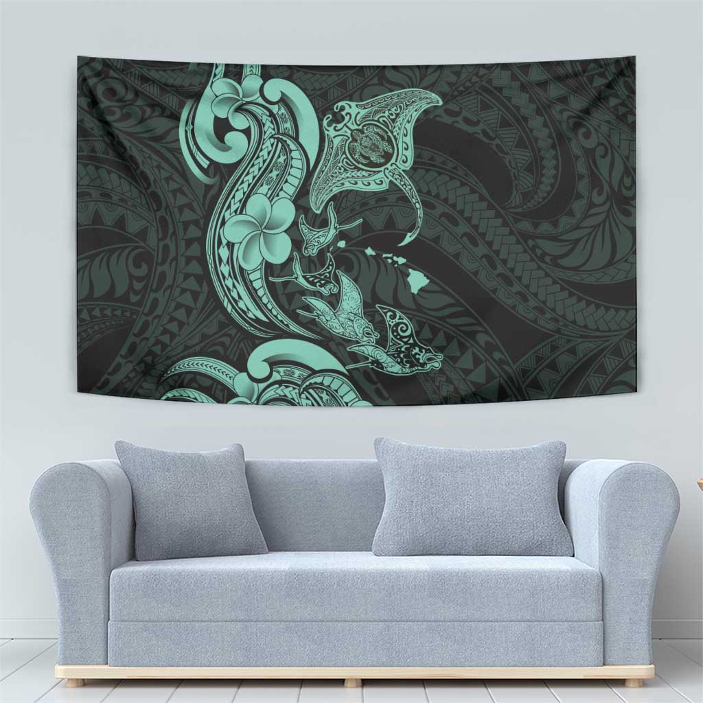 Hawaiian Manta Rays Tapestry Tribal Hibiscus Polynesian Tattoos Turquoise Color - Polynesian Pride