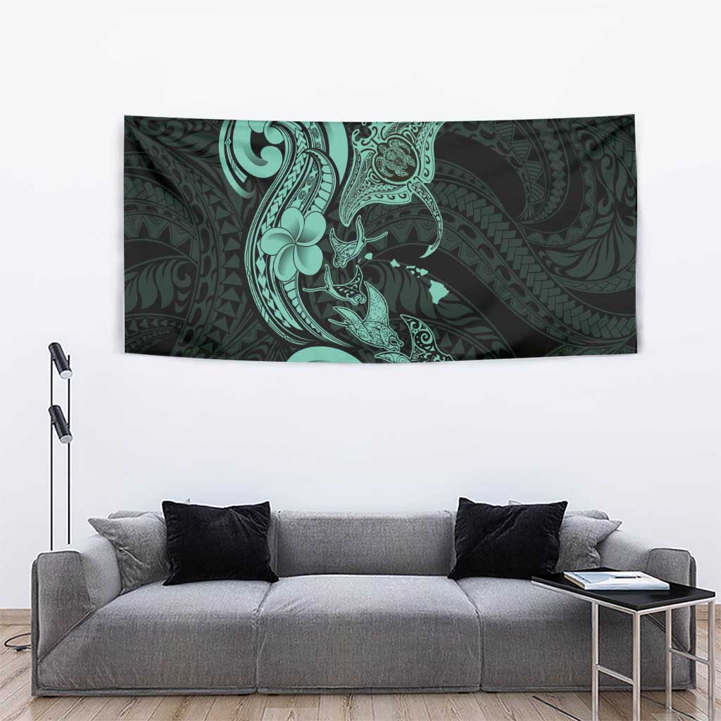 Hawaiian Manta Rays Tapestry Tribal Hibiscus Polynesian Tattoos Turquoise Color - Polynesian Pride