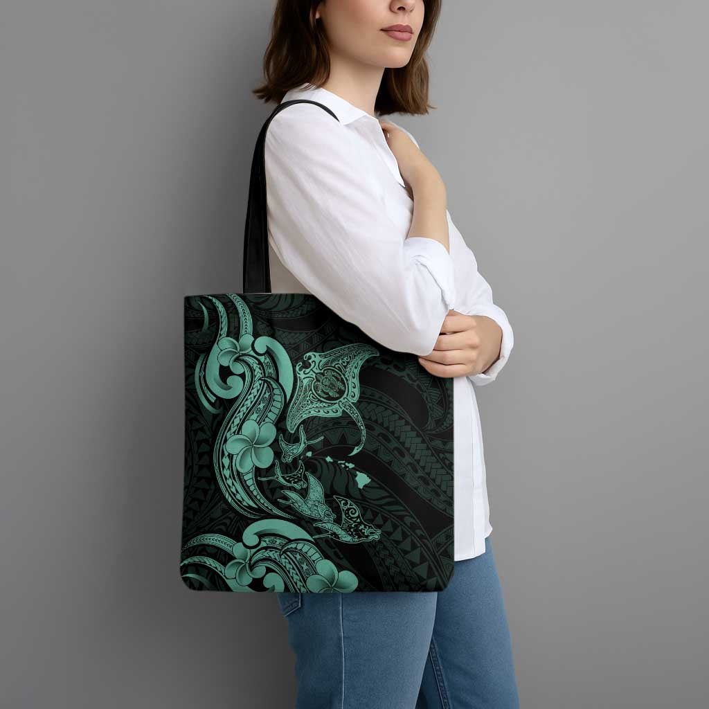 Hawaiian Manta Rays Tote Bag Tribal Hibiscus Polynesian Tattoos Turquoise Color - Polynesian Pride