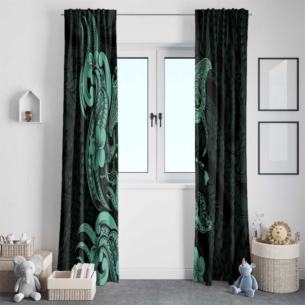 Hawaiian Manta Rays Window Curtain Tribal Hibiscus Polynesian Tattoos Turquoise Color - Polynesian Pride