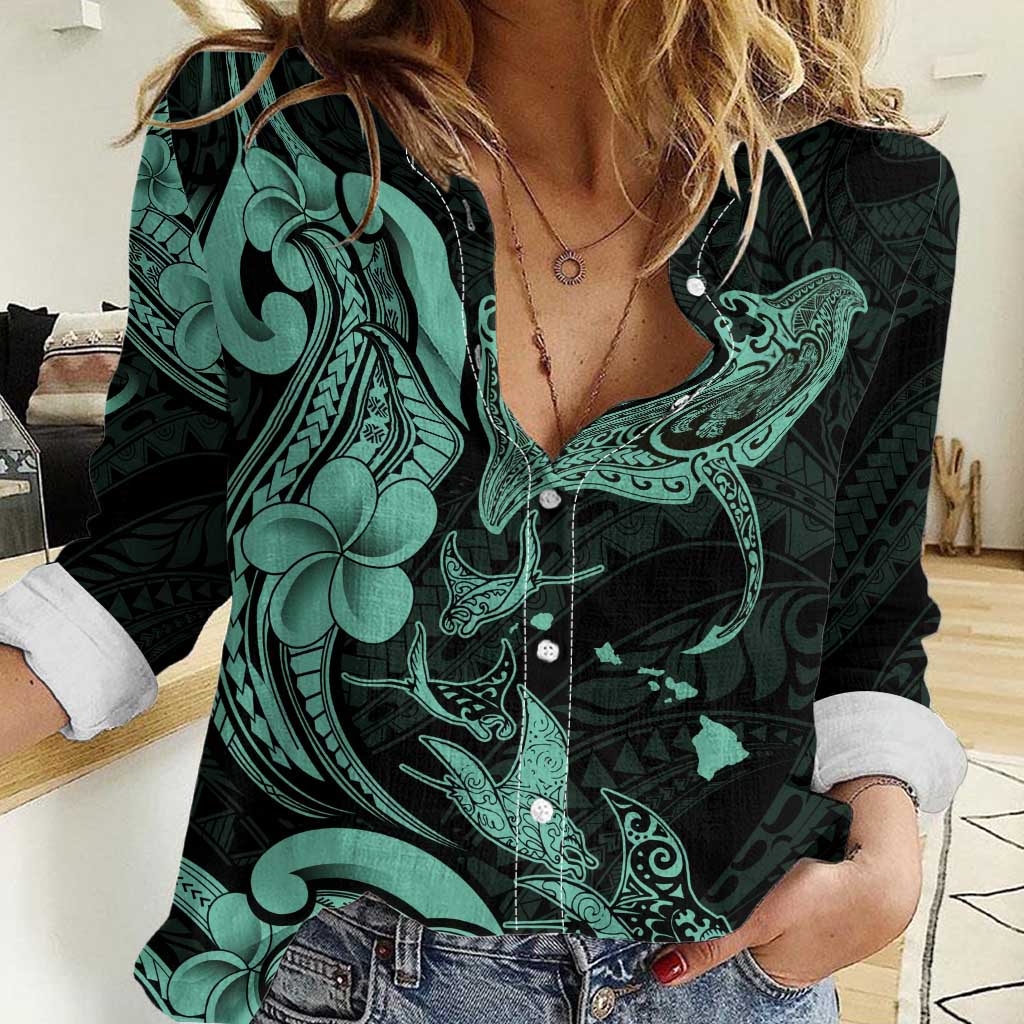 Hawaiian Manta Rays Women Casual Shirt Tribal Hibiscus Polynesian Tattoos Turquoise Color - Polynesian Pride