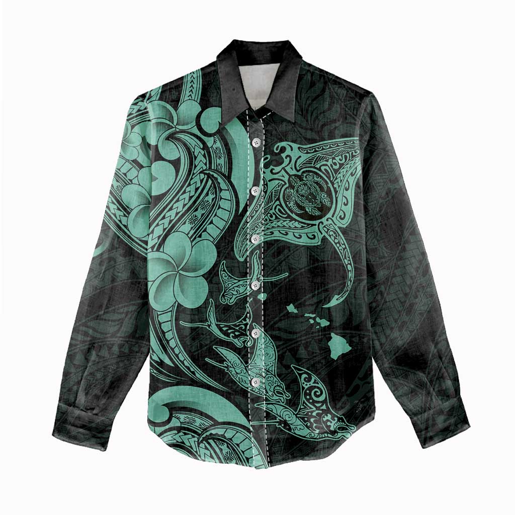 Hawaiian Manta Rays Women Casual Shirt Tribal Hibiscus Polynesian Tattoos Turquoise Color - Polynesian Pride
