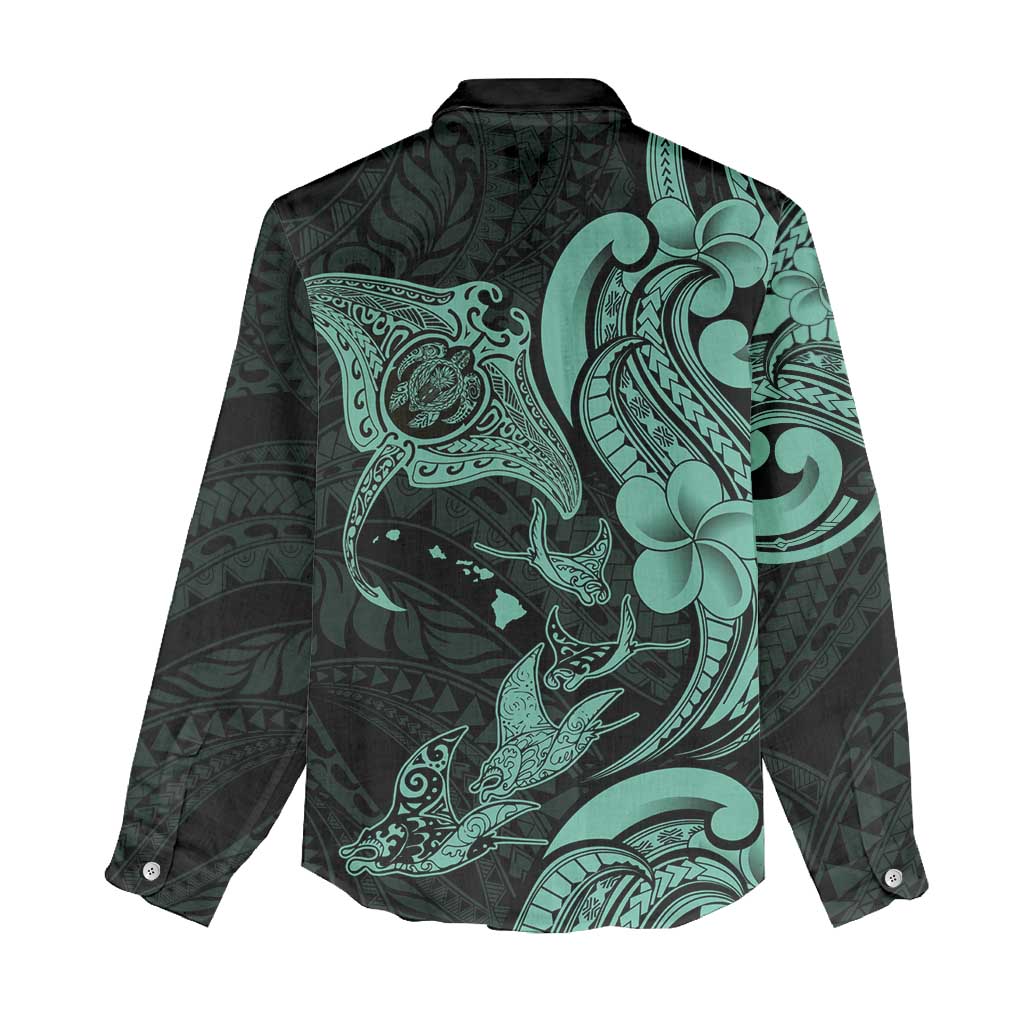 Hawaiian Manta Rays Women Casual Shirt Tribal Hibiscus Polynesian Tattoos Turquoise Color - Polynesian Pride