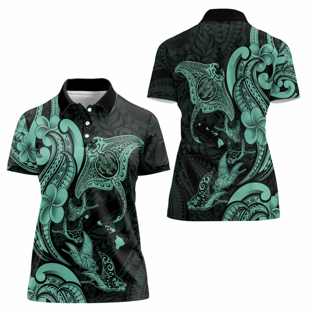 Hawaiian Manta Rays Women Polo Shirt Tribal Hibiscus Polynesian Tattoos Turquoise Color - Polynesian Pride