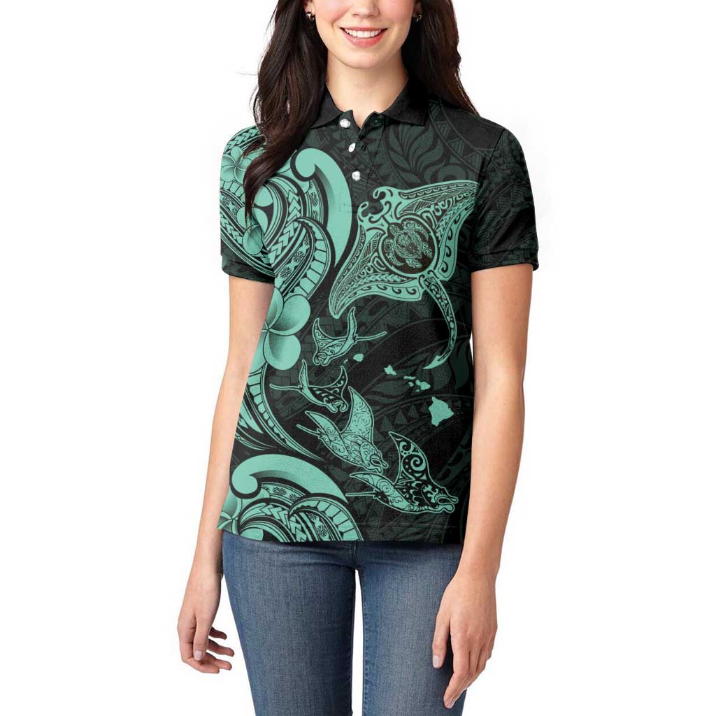 Hawaiian Manta Rays Women Polo Shirt Tribal Hibiscus Polynesian Tattoos Turquoise Color - Polynesian Pride