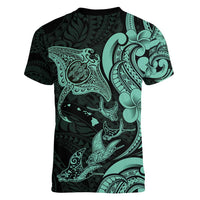 Hawaiian Manta Rays Women V-Neck T-Shirt Tribal Hibiscus Polynesian Tattoos Turquoise Color - Polynesian Pride
