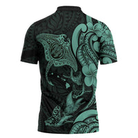 Hawaiian Manta Rays Zipper Polo Shirt Tribal Hibiscus Polynesian Tattoos Turquoise Color - Polynesian Pride