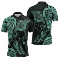 Hawaiian Manta Rays Zipper Polo Shirt Tribal Hibiscus Polynesian Tattoos Turquoise Color - Polynesian Pride