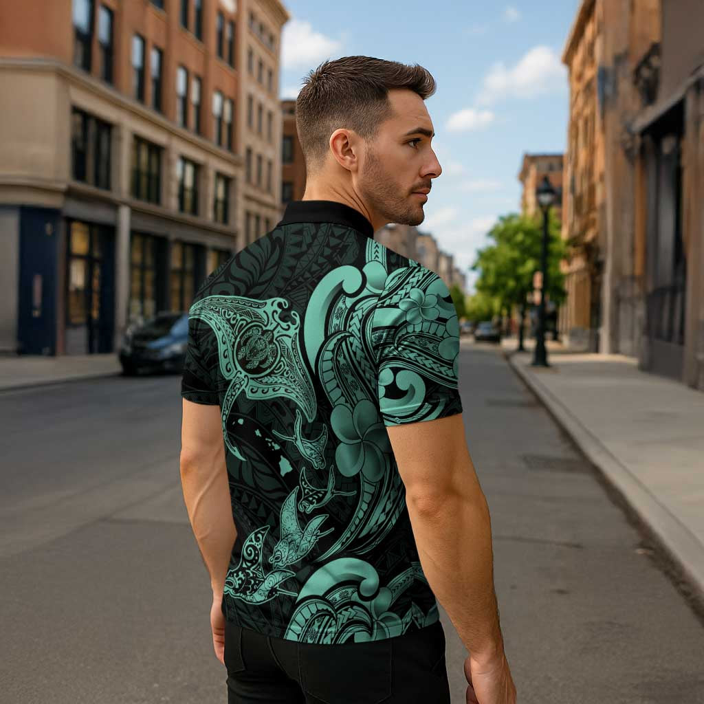 Hawaiian Manta Rays Zipper Polo Shirt Tribal Hibiscus Polynesian Tattoos Turquoise Color - Polynesian Pride