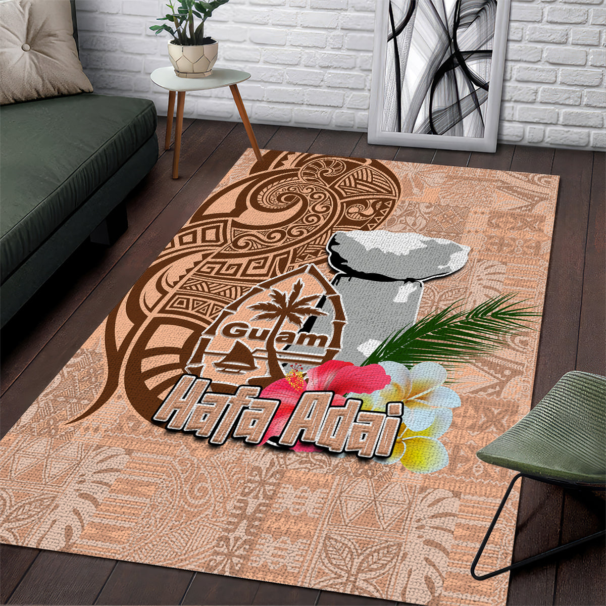 Guam Seal and Latte Stone With Ethnic Tapa Pattern Area Rug Peach Fuzz Color LT03 Peach Fuzz - Polynesian Pride