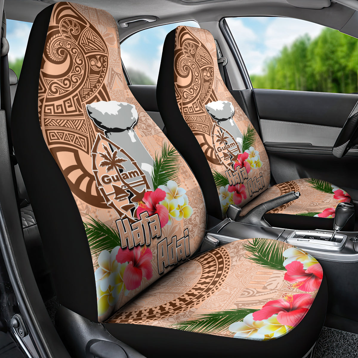 Guam Seal and Latte Stone With Ethnic Tapa Pattern Car Seat Cover Peach Fuzz Color LT03 - Polynesian Pride