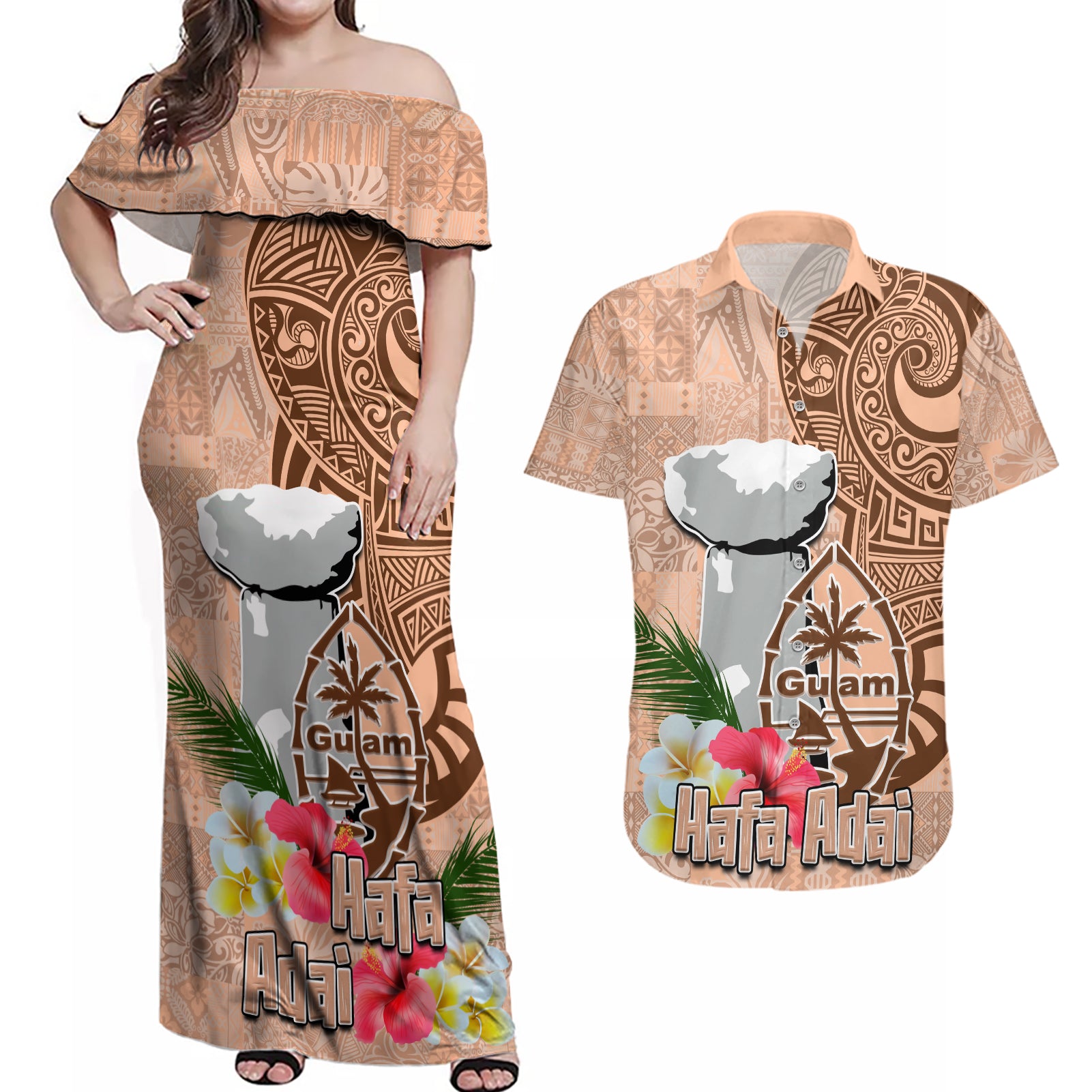 Guam Seal and Latte Stone With Ethnic Tapa Pattern Couples Matching Off Shoulder Maxi Dress and Hawaiian Shirt Peach Fuzz Color LT03 Peach Fuzz - Polynesian Pride