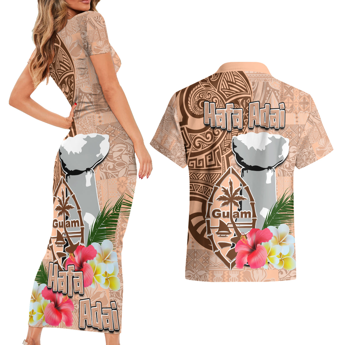 Guam Seal and Latte Stone With Ethnic Tapa Pattern Couples Matching Short Sleeve Bodycon Dress and Hawaiian Shirt Peach Fuzz Color LT03 - Polynesian Pride