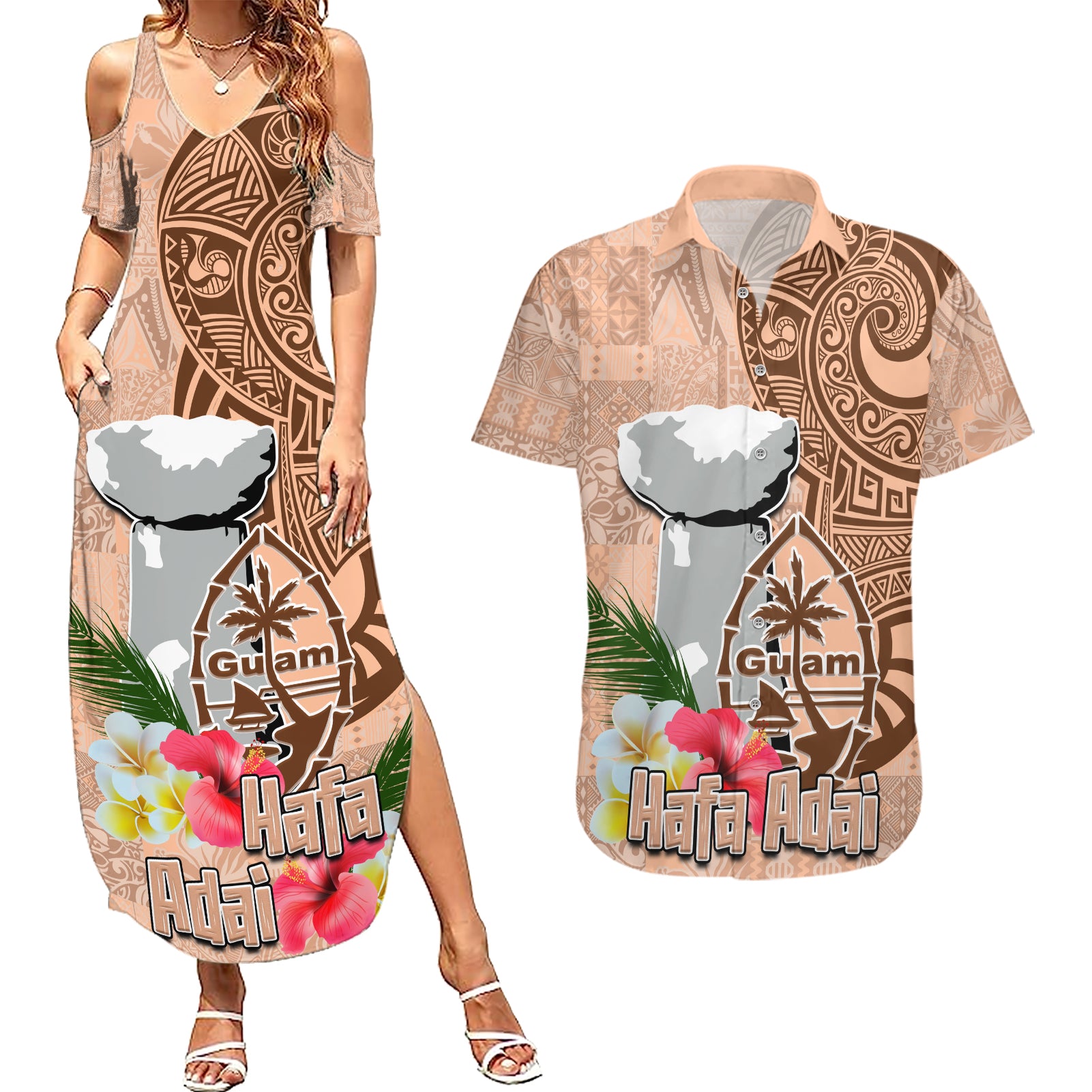 Guam Seal and Latte Stone With Ethnic Tapa Pattern Couples Matching Summer Maxi Dress and Hawaiian Shirt Peach Fuzz Color LT03 Peach Fuzz - Polynesian Pride