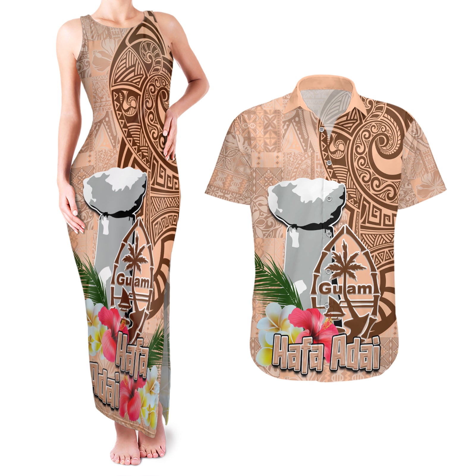 Guam Seal and Latte Stone With Ethnic Tapa Pattern Couples Matching Tank Maxi Dress and Hawaiian Shirt Peach Fuzz Color LT03 Peach Fuzz - Polynesian Pride