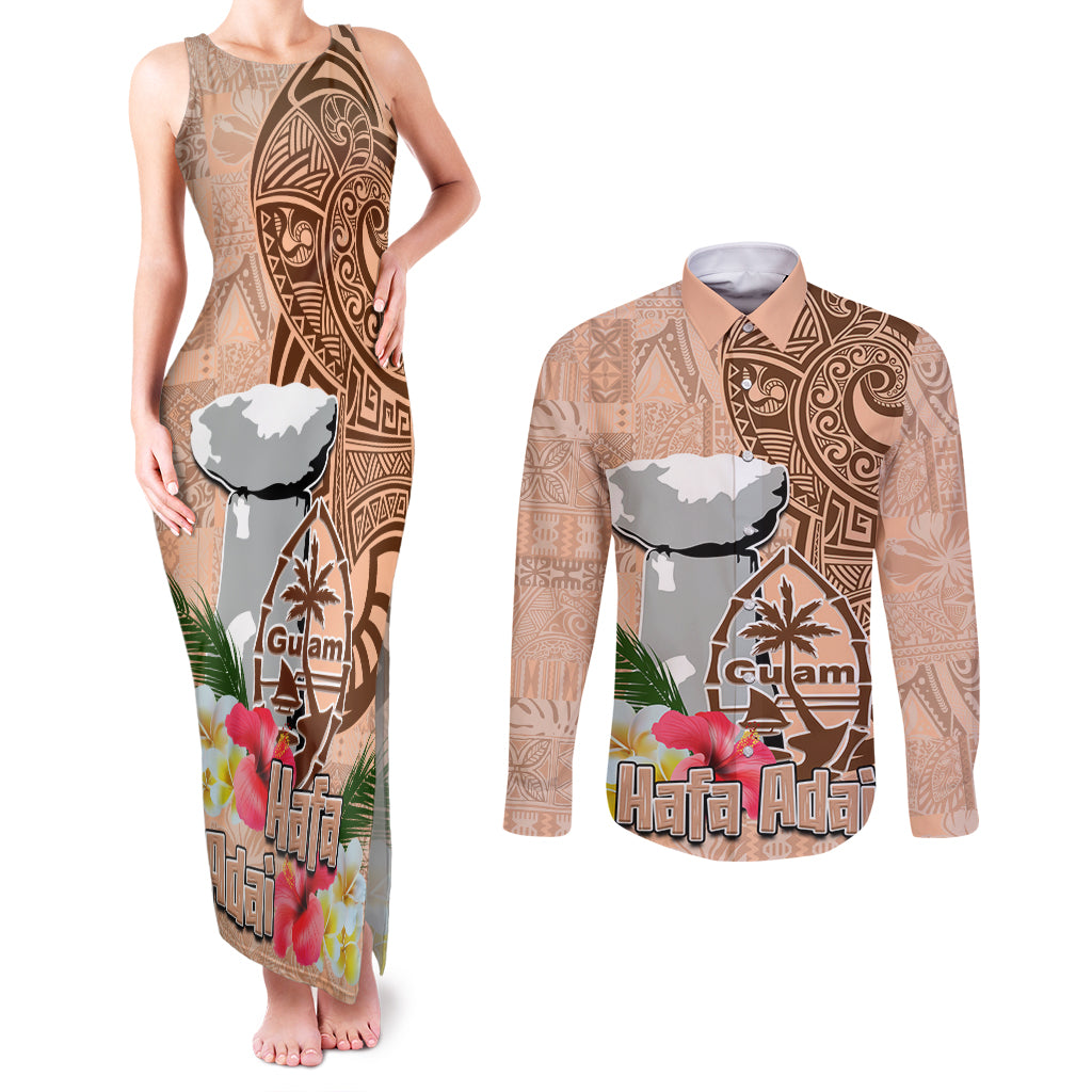 Guam Seal and Latte Stone With Ethnic Tapa Pattern Couples Matching Tank Maxi Dress and Long Sleeve Button Shirt Peach Fuzz Color LT03 Peach Fuzz - Polynesian Pride