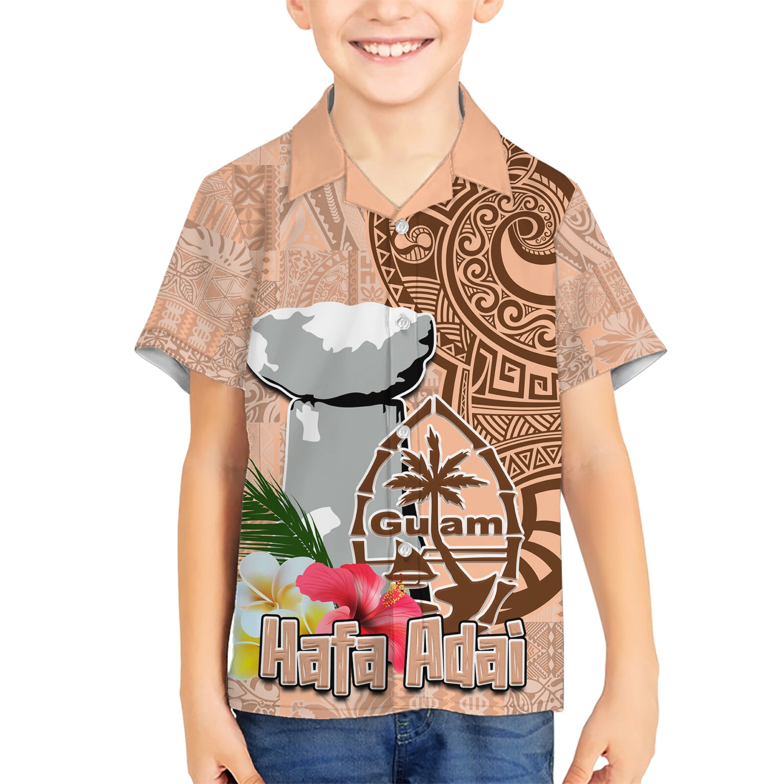 Guam Seal and Latte Stone With Ethnic Tapa Pattern Kid Hawaiian Shirt Peach Fuzz Color LT03 Kid Peach Fuzz - Polynesian Pride