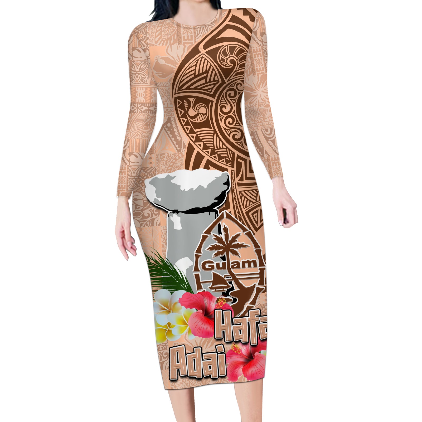 Guam Seal and Latte Stone With Ethnic Tapa Pattern Long Sleeve Bodycon Dress Peach Fuzz Color LT03 Long Dress Peach Fuzz - Polynesian Pride