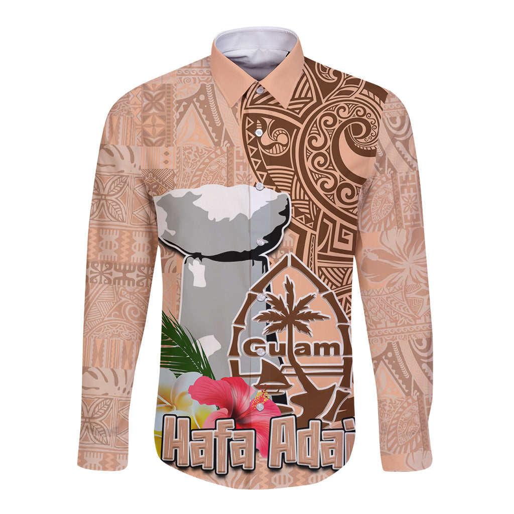 Guam Seal and Latte Stone With Ethnic Tapa Pattern Long Sleeve Button Shirt Peach Fuzz Color LT03 Unisex Peach Fuzz - Polynesian Pride