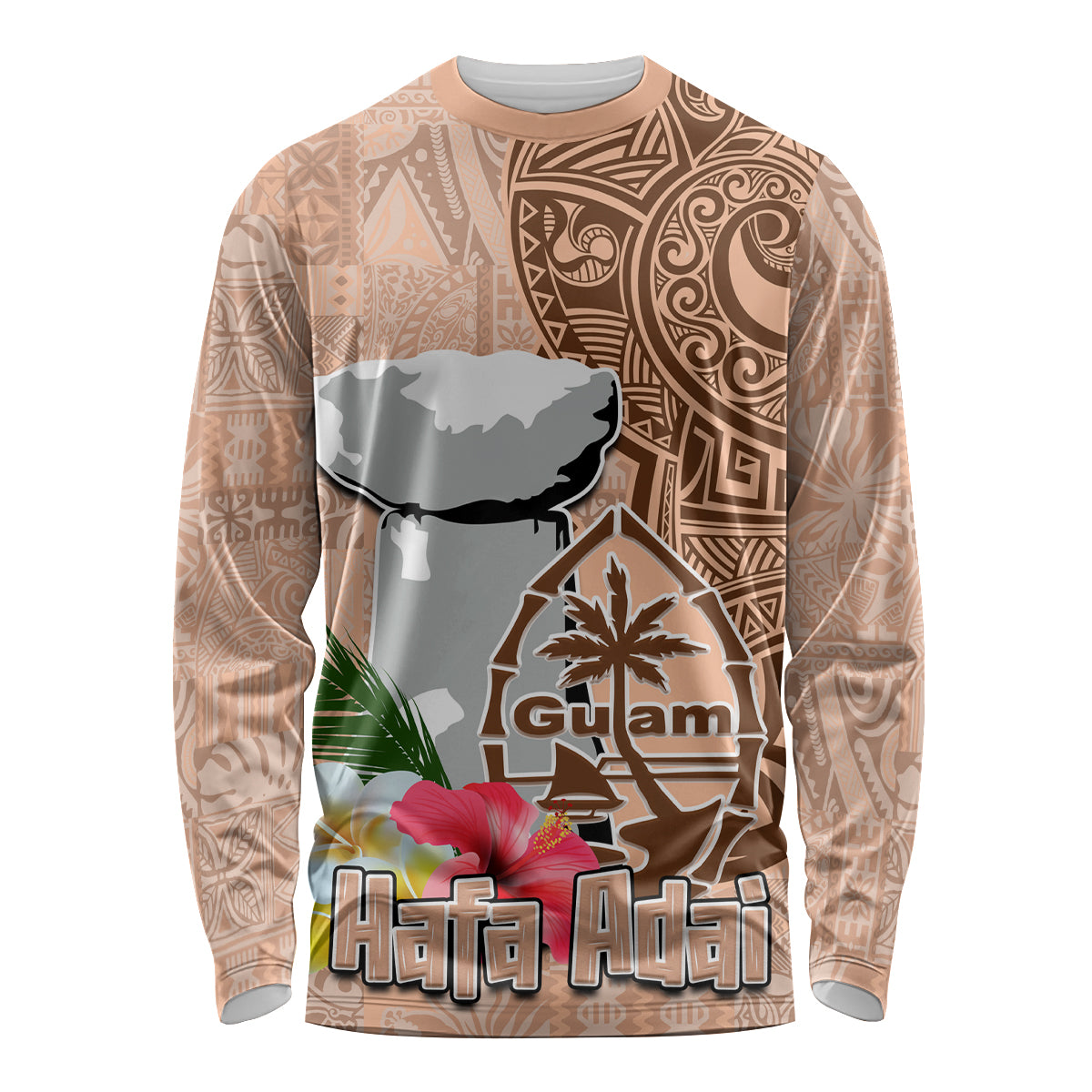 Guam Seal and Latte Stone With Ethnic Tapa Pattern Long Sleeve Shirt Peach Fuzz Color LT03 Unisex Peach Fuzz - Polynesian Pride